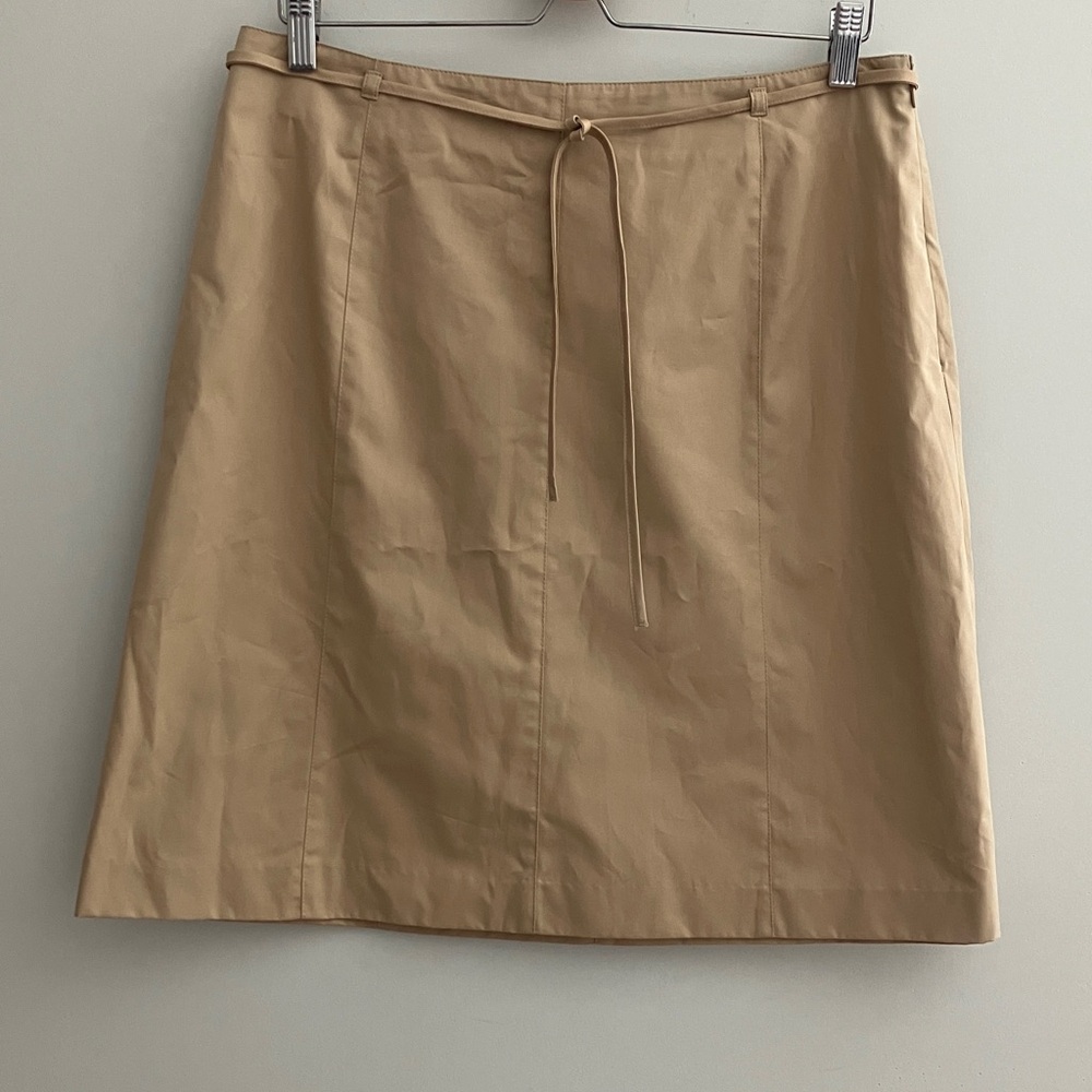 Liz Claiborne Tan/Khaki A Line Skirt Side Zip Thin Tie Belt Petite Womens 14P